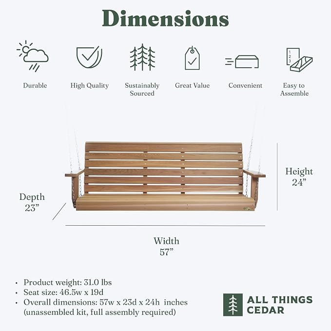 All Things Cedar Wooden Porch Swing, Outdoor Patio Furniture, 4 Foot - Image 3
