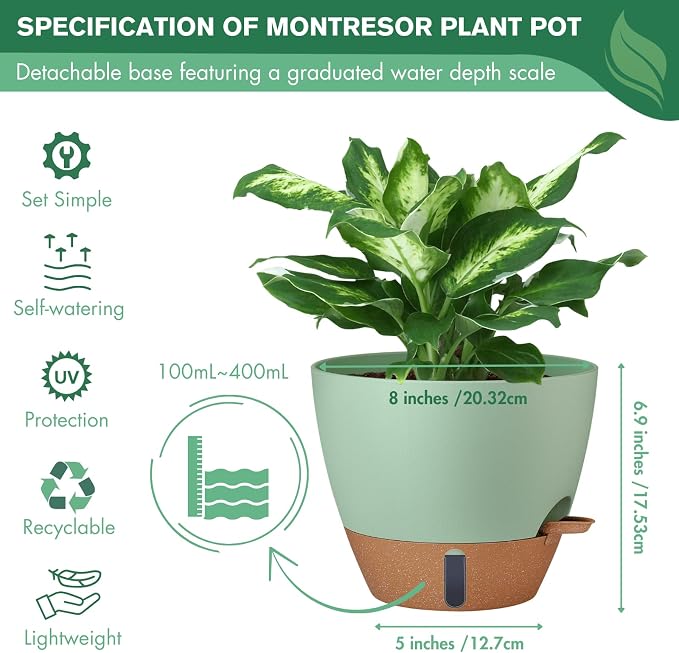 montresor 2 Pack 8 inch Plant Pots, PP Plastic Self Watering Plant Pot - Image 4