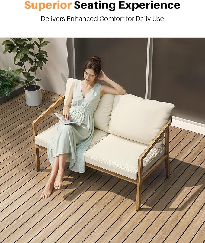 Teak Outdoor Patio Loveseat, Never-Rust Aluminum Outdoor Loveseat Couch - Image 4