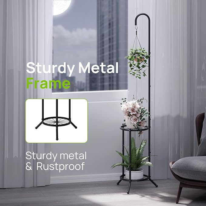 2-tier Hanging Plant Stand Plant Hanger Indoor Outdoor Corner Plant Stands - Image 6