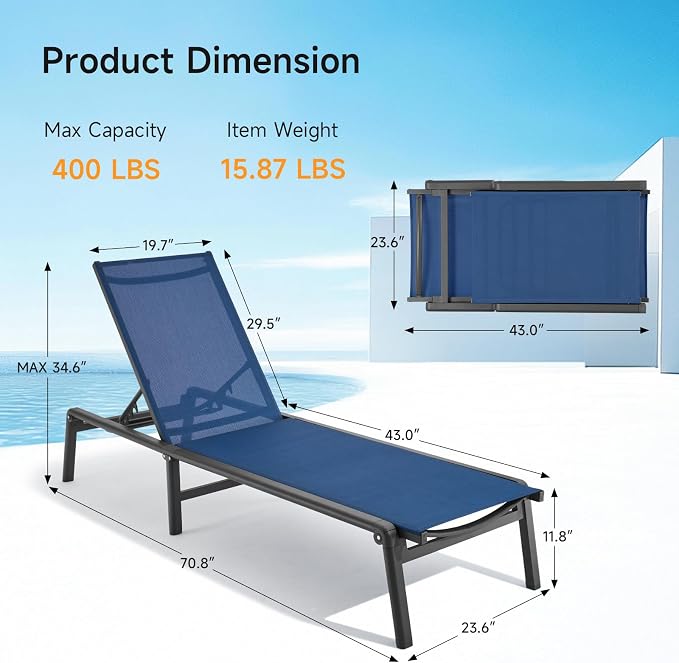 Aluminum Chaise Lounge Chair Outdoor, Foldable & Assembly Free Outdoor Lounge - Image 3