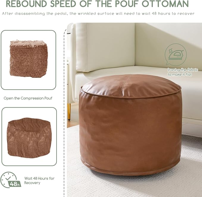 HIGOGOGO Round Stuffed Pouf Ottoman, Pu Leather Poufs - Image 5