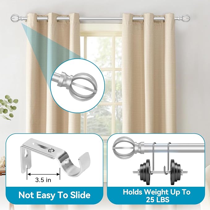 Silver Curtain Rods for Windows 28 to 48 Inch, 2 Pack 5/8" Diameter Heavy Duty - Image 2