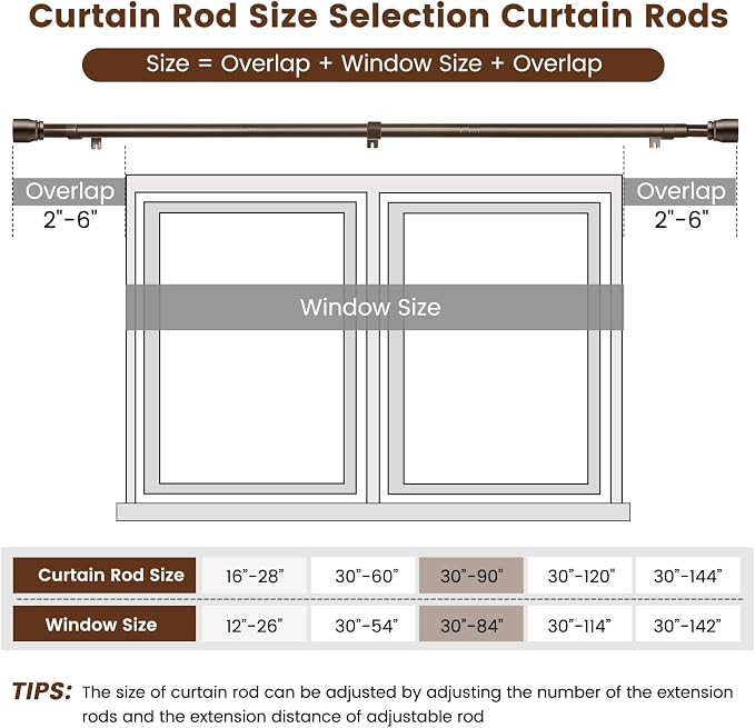 2 PACK 1” Diameter brown curtain rod Itself is 30 to 90 inch. 1 Pack Fits 30-84 - Image 3