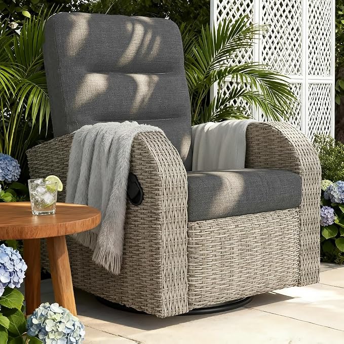 Outdoor Swivel Recliner Chair, All-Weather Wicker Reclining Patio Chair by Vakollia