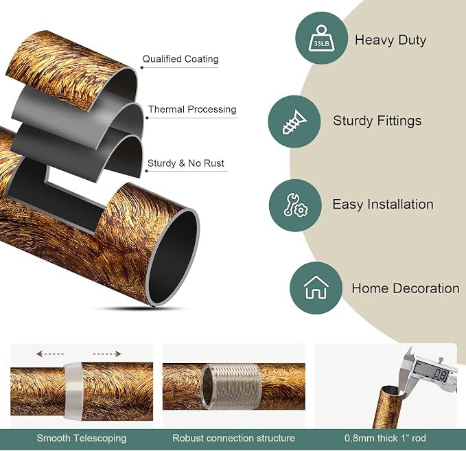 Retro Gold Curtain Rods for Windows 48 to 84 Inches Adjustable Length Heavy - Image 7