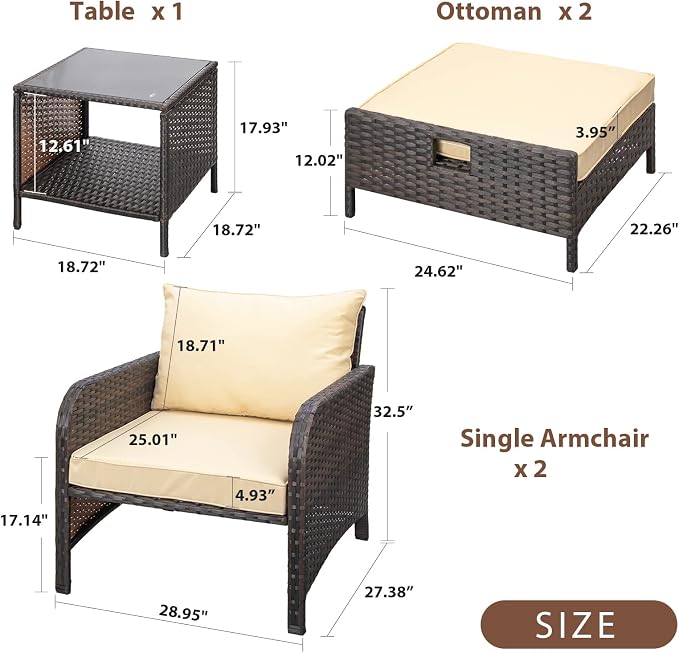 LEVELEVE Balcony Furniture 5 Piece Patio Conversation Set, PE Wicker Rattan - Image 5