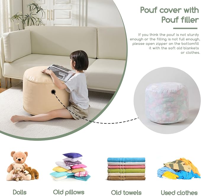 HIGOGOGO Round Stuffed Pouf Ottoman, Pu Leather Poufs - Image 4