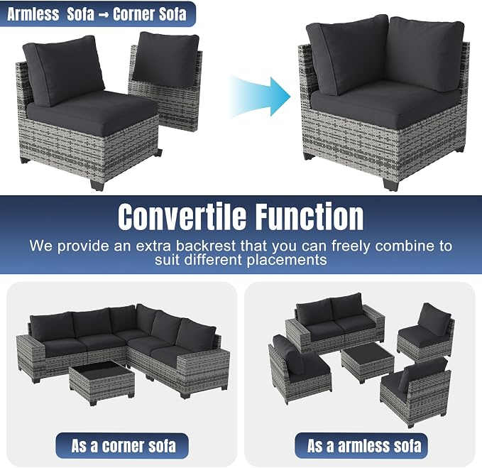 Aoxun 6 Pieces Patio Furniture Set Wicker Rattan Outdoor Sectional Conversation - Image 5