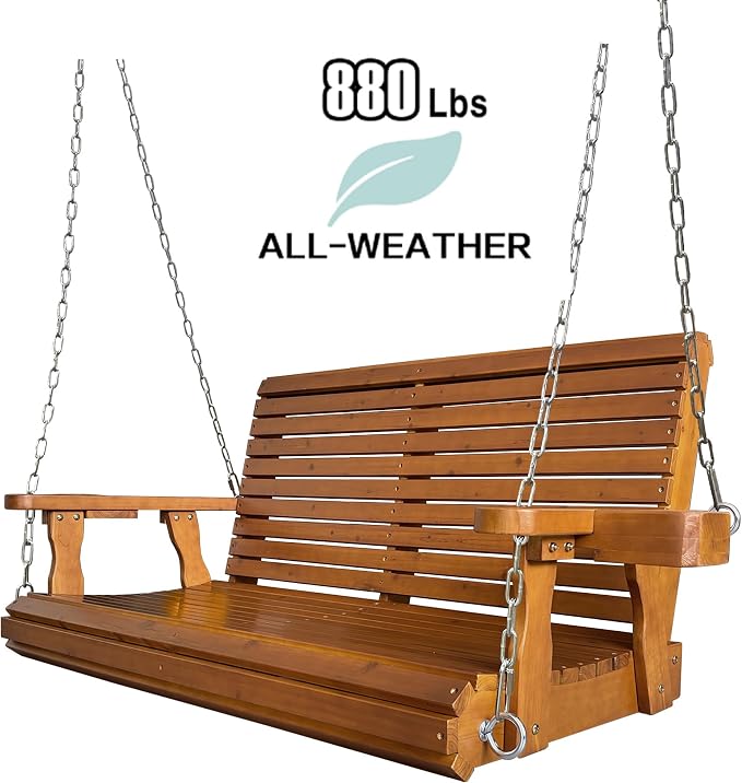 Wooden Porch Swing 2-Seater, High Backrest and Deep Seat, Bench Swing - Image 4