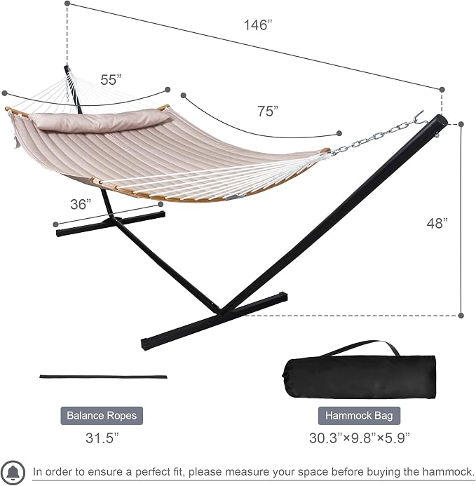 Double Hammock with 12 FT Stand, 2 Person Curved Bar Hammock with Stand - Image 6