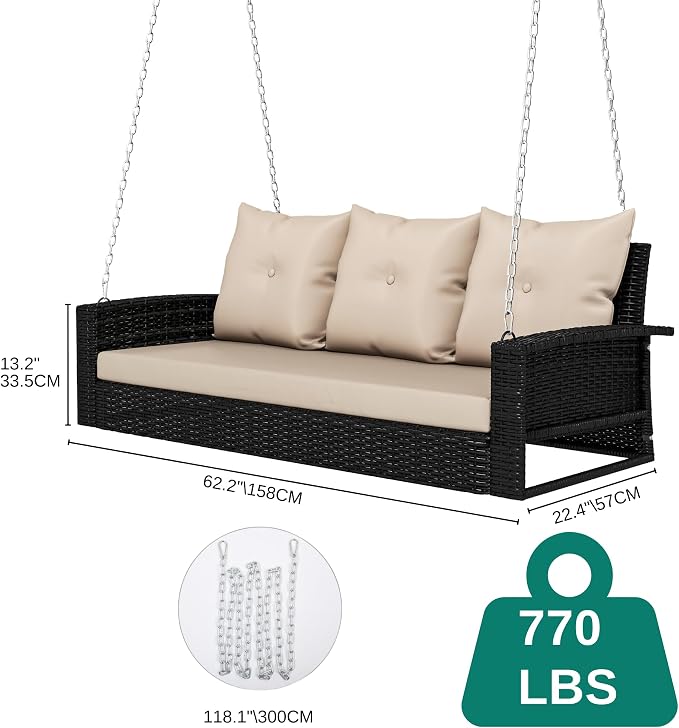 YITAHOME 3-Seats Outdoor Hanging Porch Swing Chair Rattan Black Wicker Patio - Image 2