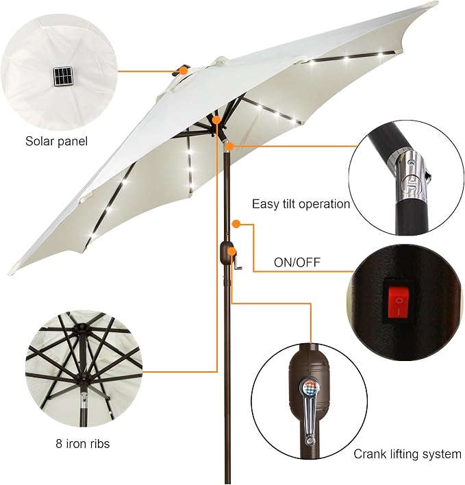 Blissun 9 ft Solar Umbrella, 32 LED Lighted Patio Umbrella, Table Market - Image 2