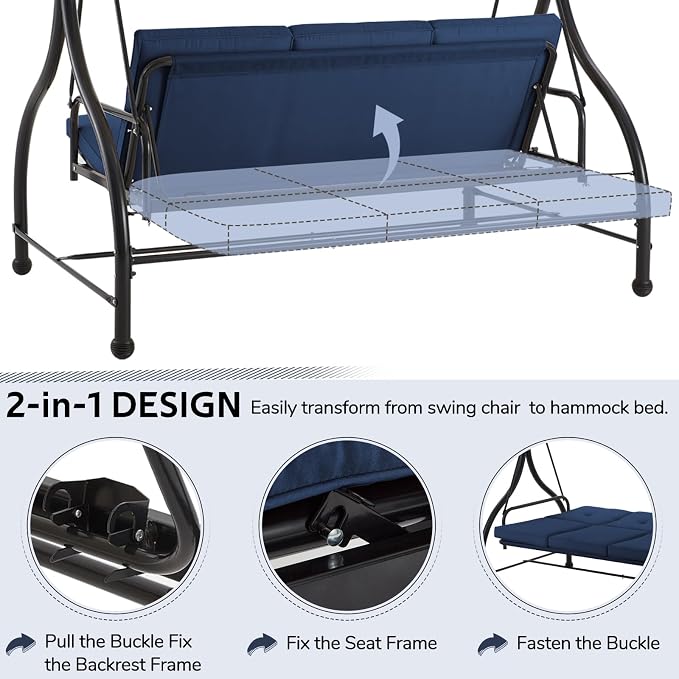 U-MAX Porch Swing Chair with Adjustable Backrest&Canopy, 3 Seat Patio Swing - Image 2