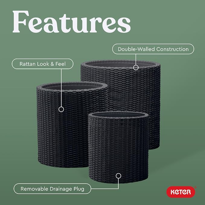 Keter Cylinder Set of 3 Rattan Resin Planter - Image 3