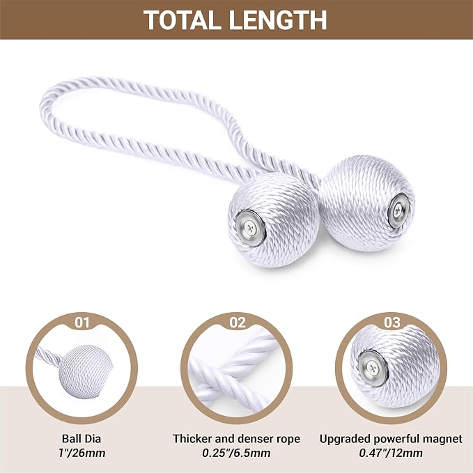 Hion Magnetic Curtain Tiebacks White 4 Pack, Curtain Tiebacks Buckles Holdbacks - Image 2