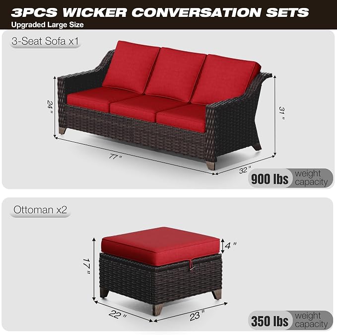 Joyside Patio Furniture Set, 3 Pieces Outdoor Wicker High Back Sofa - Image 2