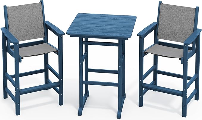 SERWALL 3 Pieces Textilene Adirondack Bar Set, Tall Adirondack Bar Height Chairs by SERWALL