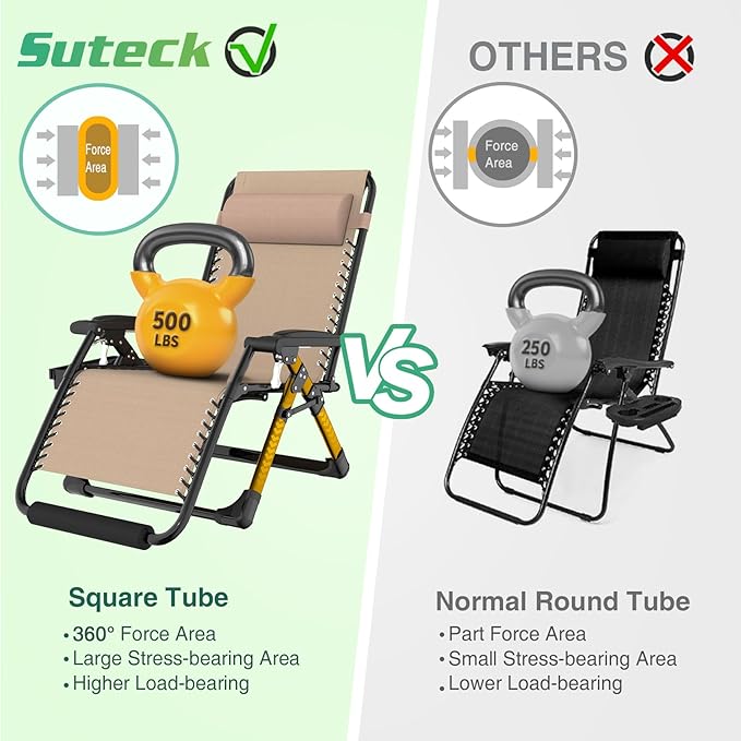 Suteck Oversized Zero Gravity Chair, 29In XL Outdoor Recliner Chair w/Removable - Image 6