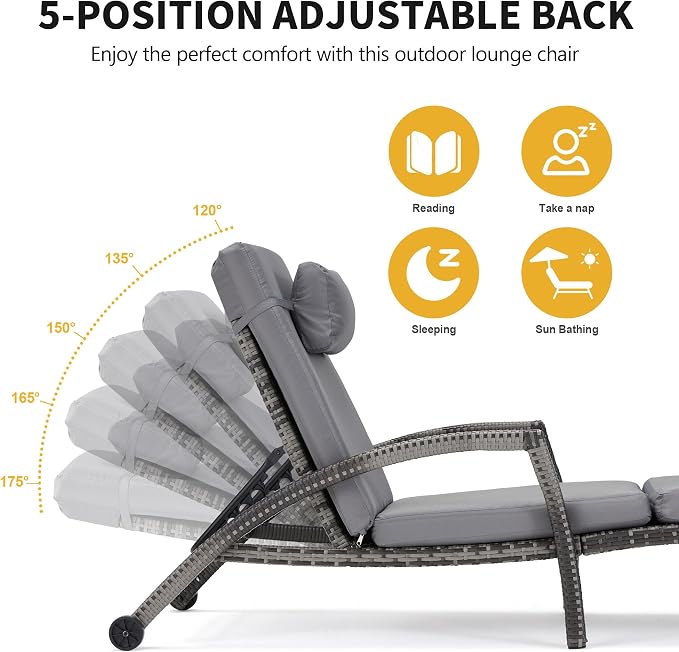 HOMREST Chaise Lounge Chairs Set of 2, PE Rattan Wicker Patio Lounge Chair - Image 5