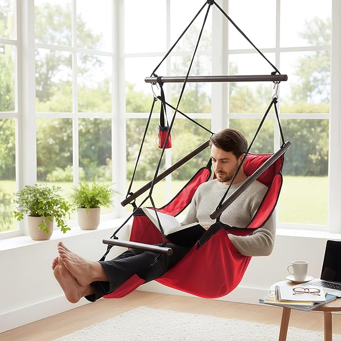 ONCLOUD Hammock Chair Hanging Swing Seat Air Deluxe Rope Through Beech Wood Bars - Image 6