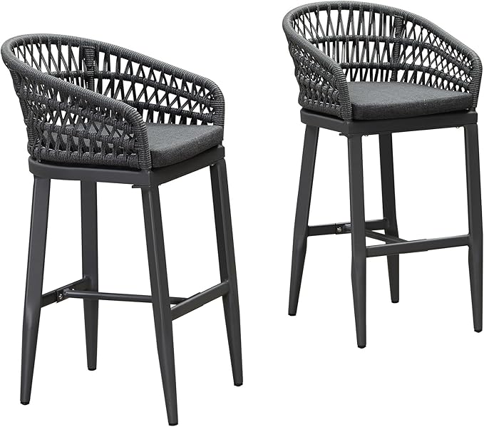 PURPLE LEAF Outdoor Rattan 29" Bar Stools Set of 2, Modern Boho Aluminum Patio by PURPLELEAF