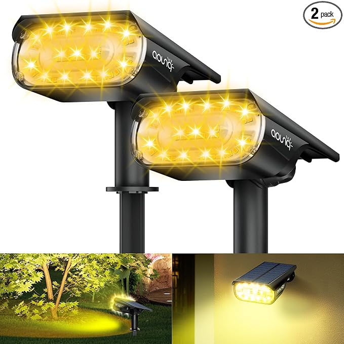 2 Pack Solar Spot Lights Outdoor 1000 Lumens, 64 LEDs IP67 Waterproof Landscape by AOUNQ