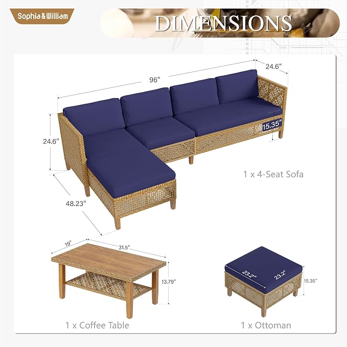 Sophia and William 5-Piece Wicker Patio Furniture Set, L-Shaped Outdoor - Image 7