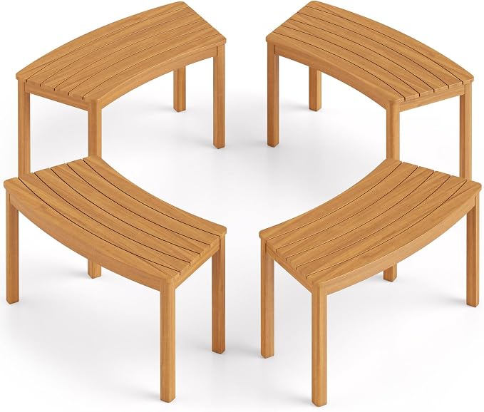 Tangkula Acacia Wood Outdoor Curved Bench Set of 4, Patio Garden Backless Fire - Image 9