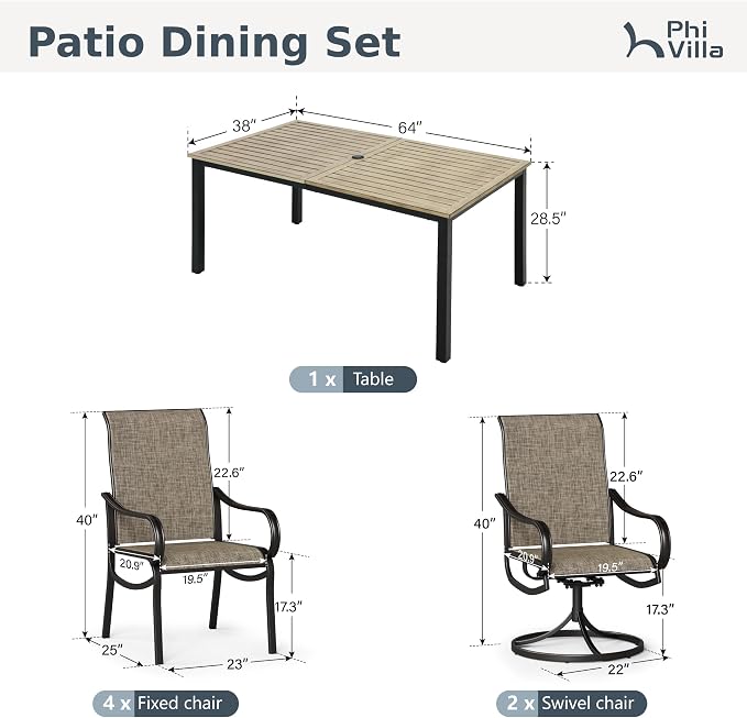 PHI VILLA Outdoor Dining Set for 6 Person, Wooden Texture Metal Table - Image 9
