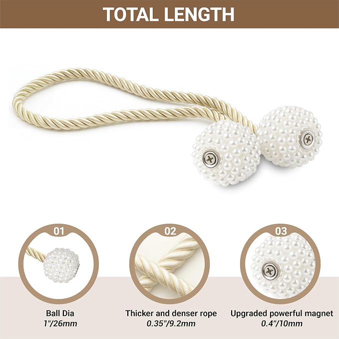 Hion Magnetic Curtain Tiebacks Beige 2pcs, Curtain Tiebacks Buckles Holdbacks - Image 2
