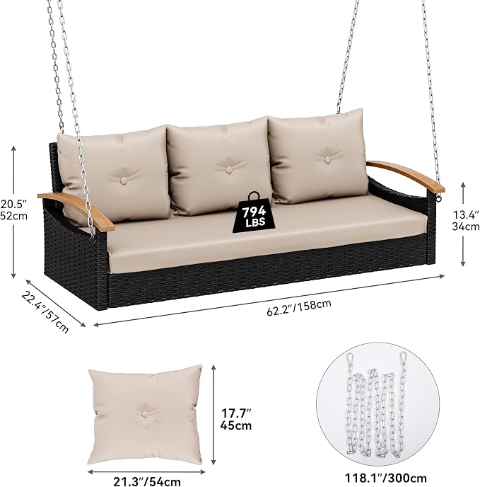 YITAHOME Porch Swing with Cushion 3-Seats Front Hanging Wicker Swing Rattan - Image 2