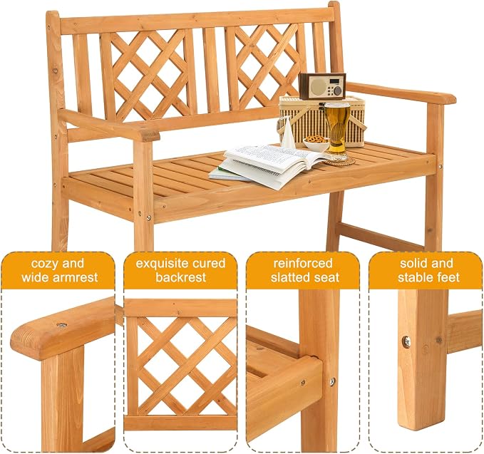 Outvita Wooden Garden Bench, Outdoor Wood Patio Bench, Rustic Two Person - Image 5
