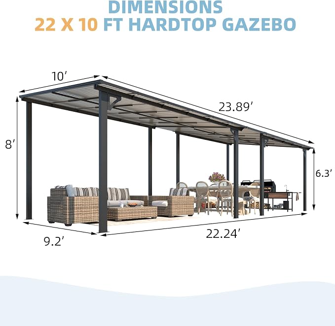 AECOJOY 10' x 24' Gazebo for Patio, Large Wall-Mounted Hard Top Lean-to Gazebo - Image 2