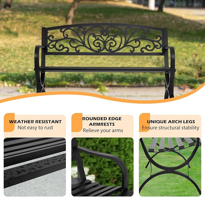 PayLessHere Black Outdoor Metal Loveseat Chairs Patio Garden Bench 50-inch - Image 4