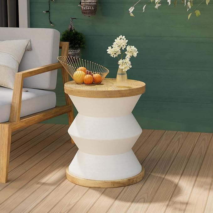 COSIEST White Outdoor Side Table, Round MgO Concrete End Patio Side Table by COSIEST