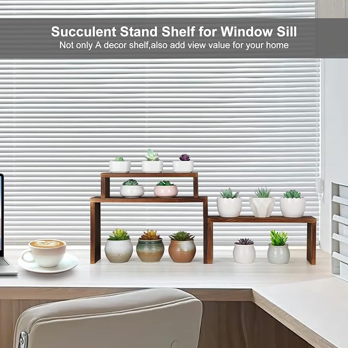 Desk Plant Stand Windowsill Plant Shelf 3 Tiers Wooden Tabletop Plant Shelves - Image 4