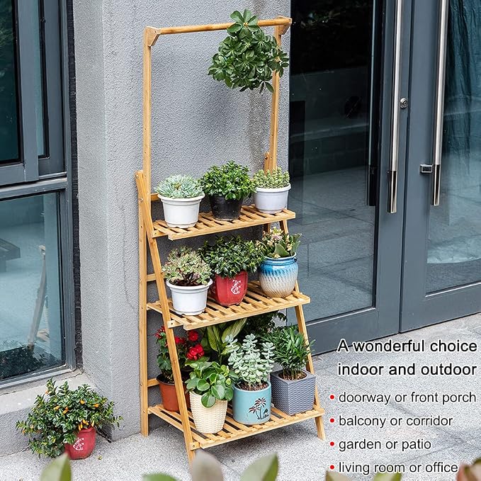 COPREE Bamboo 3-Tier Hanging Plant Stand Planter Shelves Flower Pot Organizer - Image 2