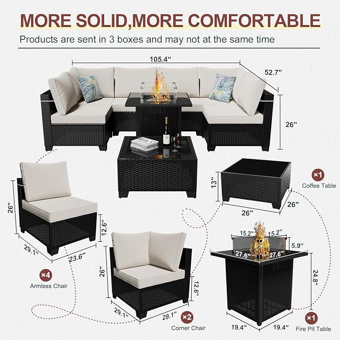 8 Pcs Patio Furniture Set with Fire Pit Table Wicker Outdoor Sectional Sofa - Image 2