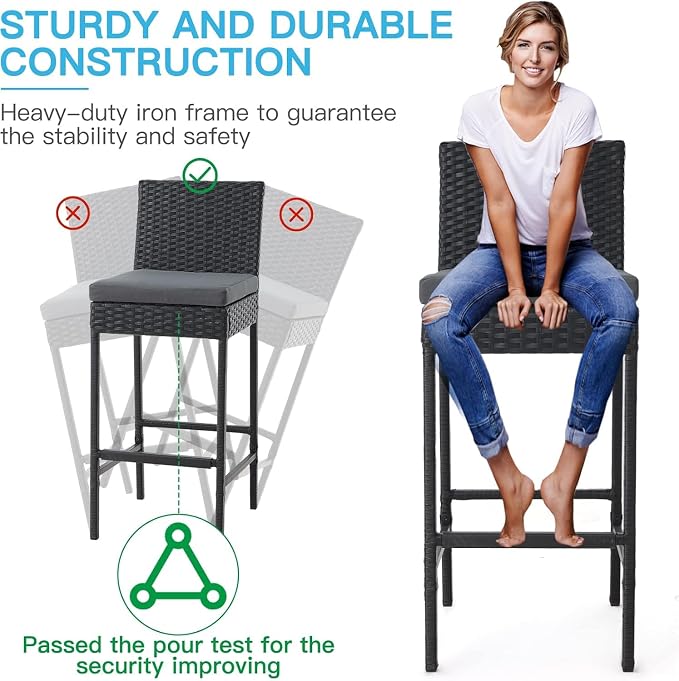 ECOTOUGE Outdoor Bar Stools Set of 4, Wicker Woven Patio Stools & Patio Bar - Image 3