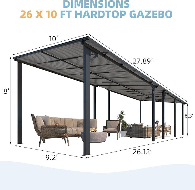 AECOJOY 10' x 28' Gazebo for Patio, Large Wall-Mounted Hard Top Lean-to Gazebo - Image 2