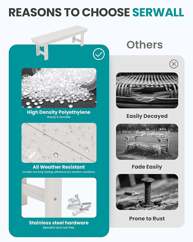 SERWALL 2-Person Outdoor Bench Backless, HDPE Outdoor Benches Weatherproof - Image 6