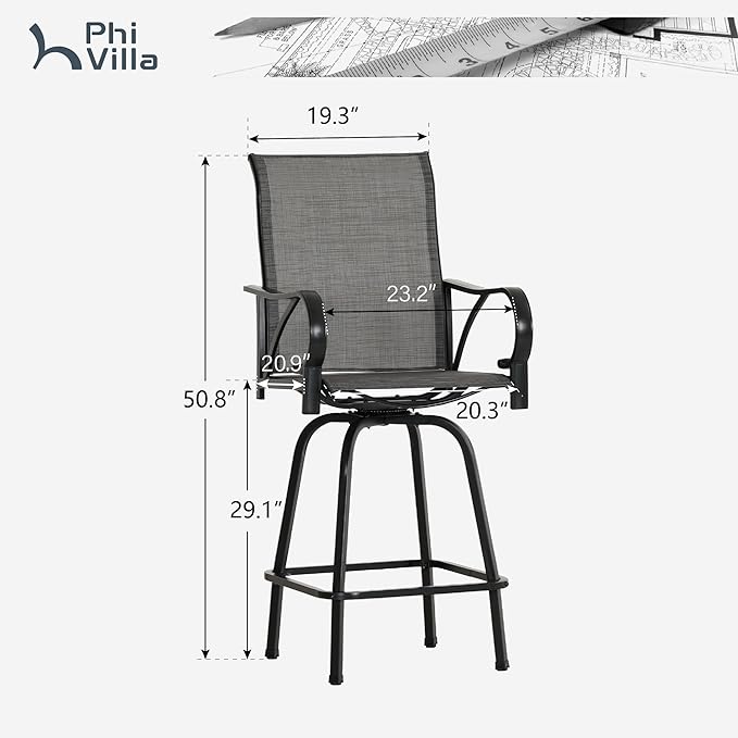 PHI VILLA Outdoor Bar Stools Swivel Set of 2, Outdoor Bar Height Tall Patio - Image 3