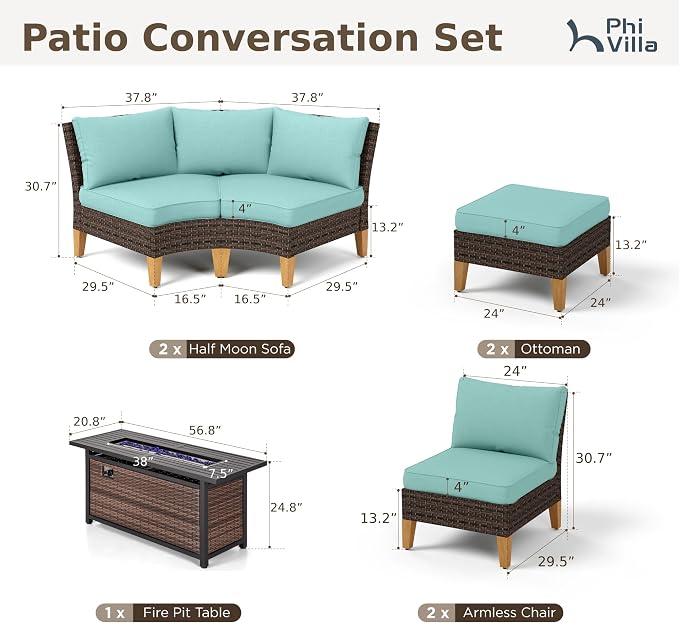 PHI VILLA 7-Piece Half Moon Patio Furniture Set - Image 2