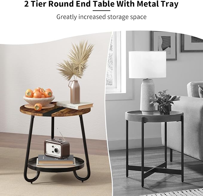 2 Tier Coffee Table in Living Room, Industrial Style Round Coffee Table - Image 7