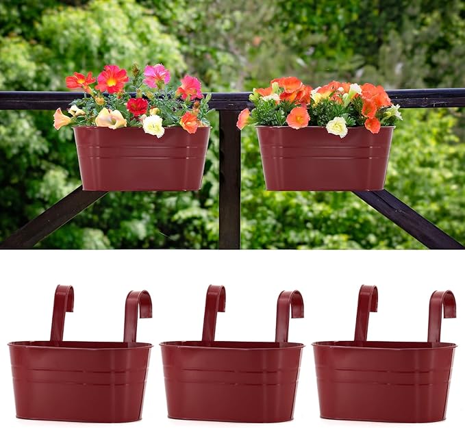 3 Pack Metal Railing Planters, 10.5" Oval Hanging Flower Pots by MeltsetM