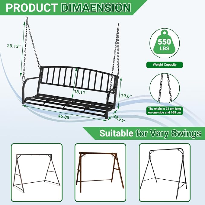 2-Person Metal Porch Swing, Heavy Duty 550LB Capacity, Garden and Balcony - Image 2