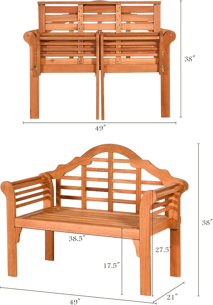 COSTWAY Folding Wooden Bench Outdoor, Crown-Like High Backrest, Patio - Image 3