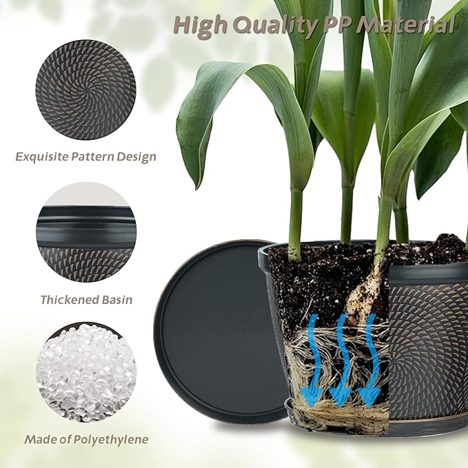 Quarut 10 Inch Flower Pots for Outdoor Indoor, 3 Pack Plastic Plant Pots - Image 5
