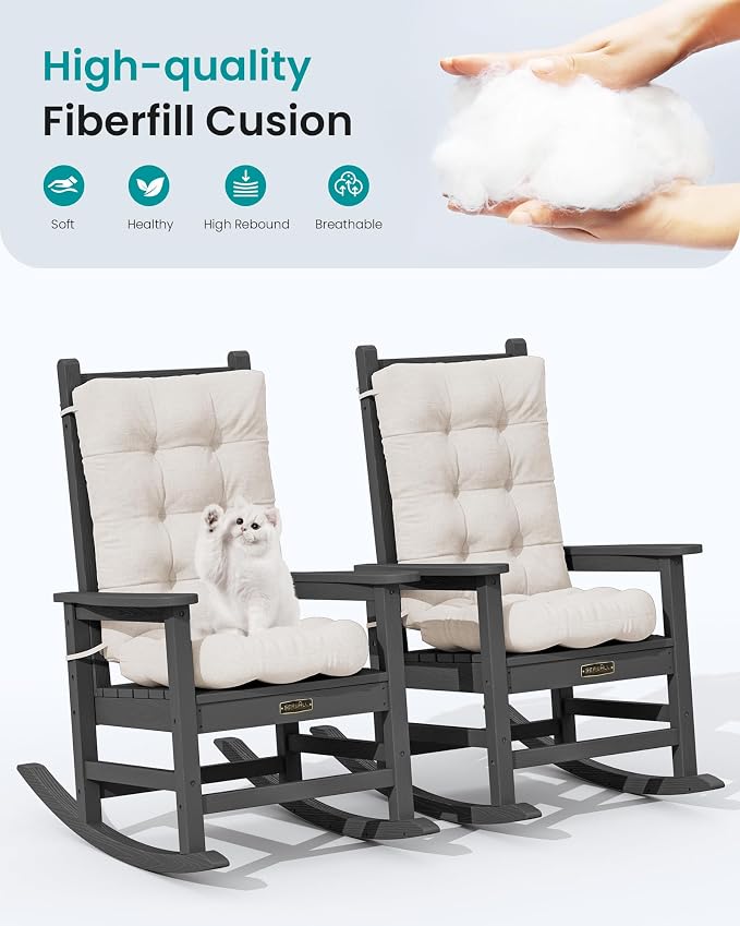 SERWALL HDPE Outdoor Rocking Chair Cushion Set of 2 Memory Foam Cushion Beige - Image 7